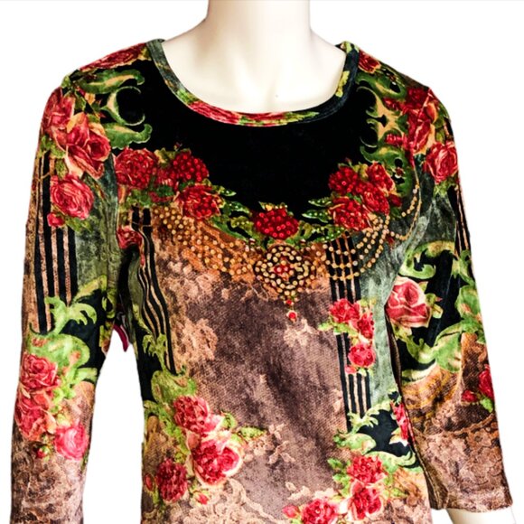 Take Two Velvet Floral Beaded Top 3/4 sleeve Size M - Picture 9 of 9